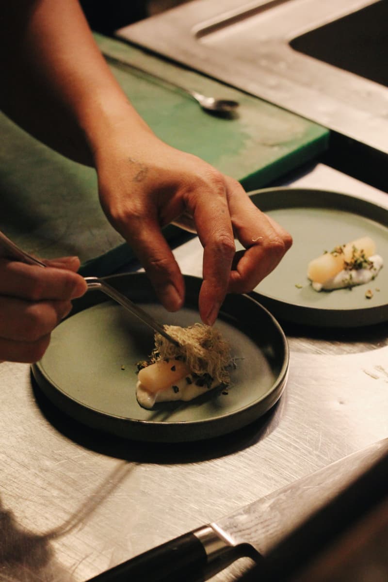 Manos de la chef emplatando con pinzas un pescado sobre plato de cerámica verde