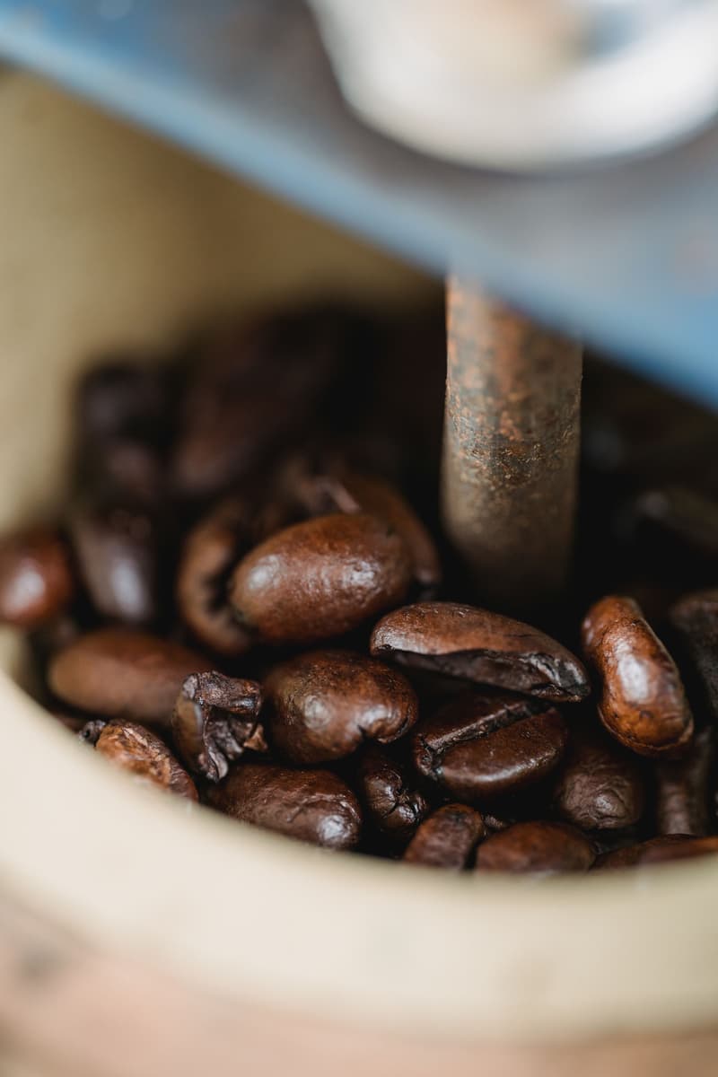 Granos de café tostado dentro de un molino manual